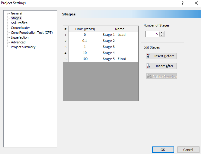 Project Settings dialog - Stages Tab